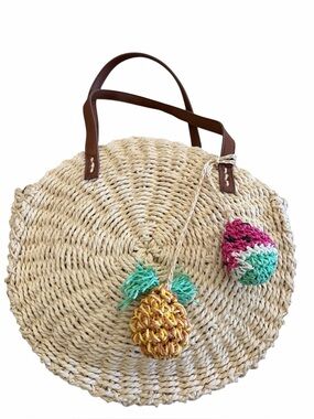 Fun Round Straw Tote w/Watermelon & Pineapple Charms